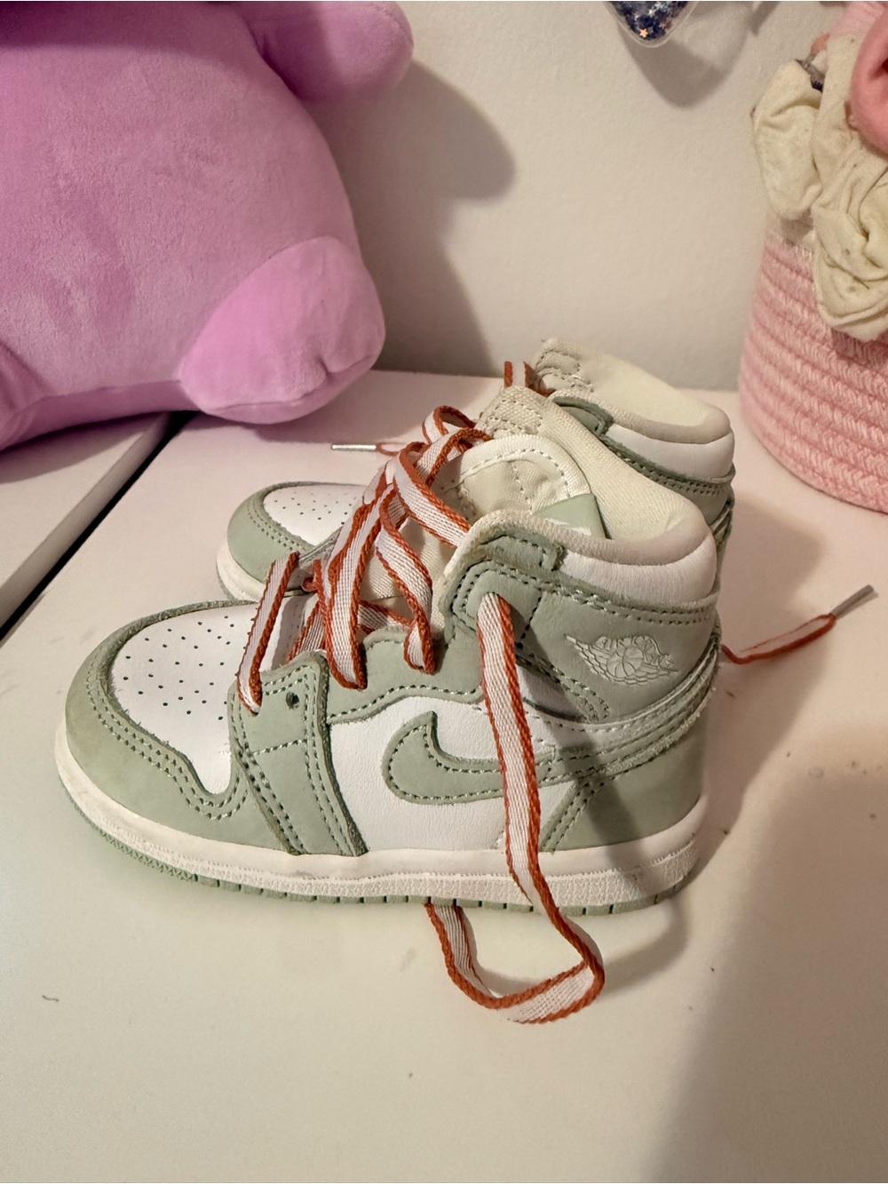 Jordan Kids High-Top Sneakers in Mint Green, White and Orange Laces